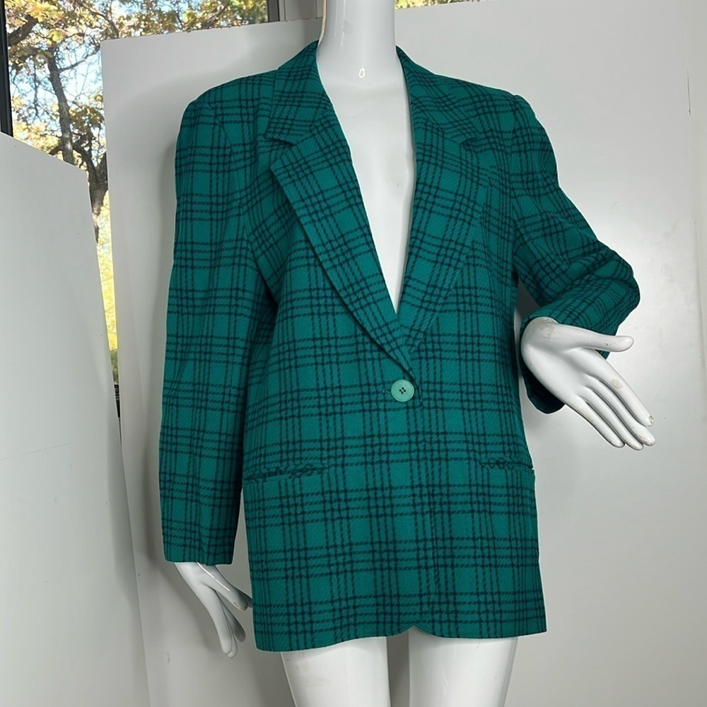 Pendleton Size 12-15 Wool Green Teal Blue Check Tartan Blazer Jacket Fully Lined